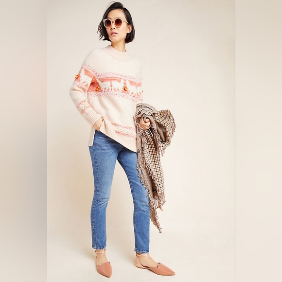 Anthropologie Alpaca Llama Pink Fair Isle Sweater XS - Picture 5 of 7